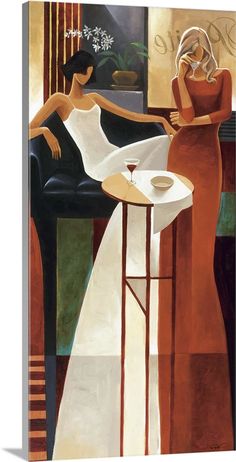 a painting of two women sitting at a table with a glass of wine in front of them