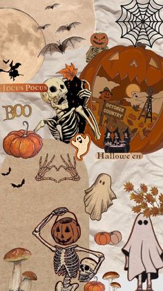 halloween collage with pumpkins, skeletons and ghost on it's paper background