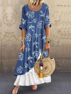 Blue Casual Round Neck Floral Printed Long Sleeve Dresses Womens T Shirt Dress, Women's A Line Dresses, Dress Vacation, Dresses Boho, Long Red Dress, Shift Dresses, Vacation Dress, Womens Shift Dresses, Printed Long Dresses