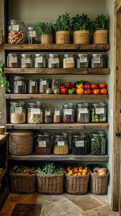 shelves filled with lots of different types of vegetables and fruits in baskets on top of them