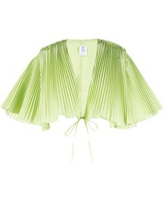 lime green cotton blend fully pleated plunging V-neck short sleeves front tie fastening cropped Pleated Fabric Top, Pleated Clothes, Plisse Blouse, Pleated Top Blouses, Types Of Pleats, Plisse Top, Pleated Crop Top, Pleated Fashion, Pleated Jacket