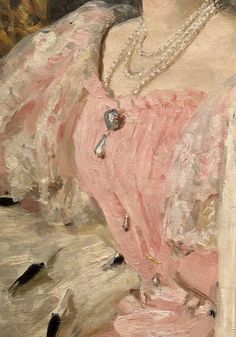 an oil painting of a woman wearing a pink dress