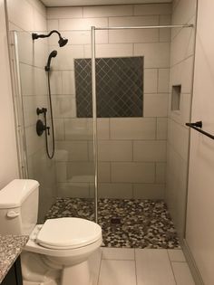 a white toilet sitting next to a walk in shower