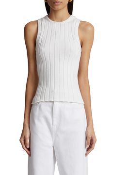 This tank-style sweater knit with dimensional wide-gauge ribbing from silk-kissed cotton-blend yarn is a transitional piece you'll reach for year-round. 23" length (size Medium) Crewneck Sleeveless, with cutaway shoulders 50% cotton, 28% polyamide, 22% silk Dry clean Made in Italy Designer Clothing Chic White Tank Top With Ribbed Neckline, Spring Cotton Ribbed Sweater Vest, Spring Ribbed Cotton Sweater Vest, White Sleeveless Ribbed Top, Fitted Ribbed Tops For Spring, Sleeveless Ribbed Cotton Knit Top, Chic Fitted Ribbed Sweater Vest, Fitted Sleeveless Top With Ribbing, Spring Pointelle Knit Tank Top