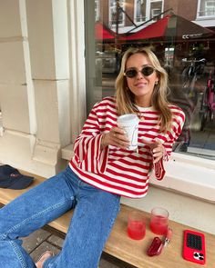 Even the food gets the trend 🥪🤭 stripes it is 🥤🍒🦋 wearing full blue & red outfit by @editedofficial ⭐️ #editedmuse Striped Red And White Shirt Outfit, Buckle Inspired Outfits, Red And White Striped Top Outfit, Outfits With Red Top, Pops Of Red Outfit, Red Lipstick Outfit Casual, Maroon Outfit Ideas, Red Outfits Aesthetic, Christmas Shopping Outfit