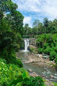 a large waterfall surrounded by lush green trees