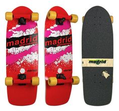 two skateboards are shown side by side, one is red and the other is black