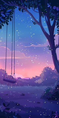 a swing hanging from a tree in the middle of a forest at night with stars