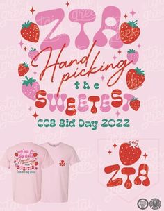 two t - shirts with strawberries on the front and back