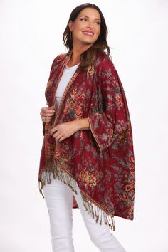 Front image of London Chic Kimono. Red floral printed top. London Chic, Printed Kimono, Pakistani Fancy Dresses, Cooler Weather, Just In Time, Top Model, Fancy Dresses, Model Measurements, In Time