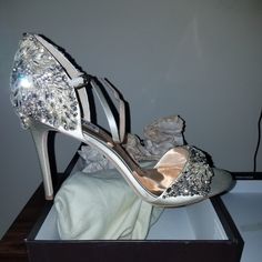 Very Detailed Ivory Rhinestone Glittery Glammed Bridal Shoe. This Shoe Is Sure To Make Any Bride Feel Even More Special From Head To Toe. New Never Worn Only Tried On. Silver Heels With Rhinestones For Reception, Wedding Shoes With Rhinestones And Ankle Strap For Gala, Gala Wedding Shoes With Rhinestones And Ankle Strap, Ankle Strap Wedding Shoes With Rhinestones For Gala, Bedazzled High Heel Wedding Heels, Elegant Bedazzled Heels With Round Toe, Bedazzled High Heels For Wedding, Elegant Bedazzled Round Toe Heels, Embellished Ankle Strap Wedding Shoes For Gala