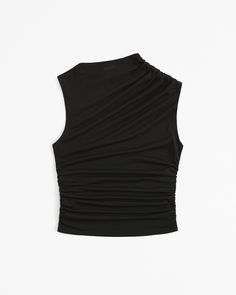 Women's Mesh Draped Crew Top | Women's Tops | Abercrombie.com Stretch Top With Ruched Asymmetrical Neckline, Ruched Top With Stretch And Asymmetrical Neckline, Asymmetrical Neckline Top With Ruched Stretch, Asymmetrical Neckline Top With Ruched Detail, Sleeveless Stretch Tops With Ruched Back, Fitted Ruched Top With Foldover Shape, Fitted Ruched Top With Foldover Neckline, Fitted Foldover Top With Ruched Details, Sleeveless Top With Ruched Back