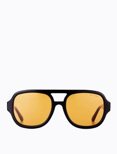 Classic vintage style aviators crafted in high quality shiny black acetate with contrasting dark yellow lens with Category 1 UV protection. Frame width: 145mmFrame height: 55mm Yellow Lens Sunglasses, Bright Pants, Yellow Poppy, Poppy Lissiman, Sunglasses Yellow, Classic Vintage Style, Outfit Formulas, Dark Yellow, Pinterest Photos