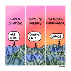 two cartoon panels with words in spanish and english on the same panel, one says'como si meror fueras entreador '