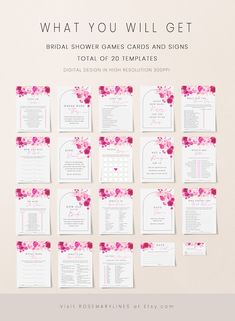 the bridal shower games cards and signs are shown in pink flowers on white paper