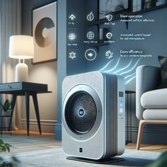 a speaker sitting on top of a rug in front of a living room with furniture