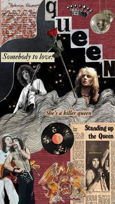 a collage with pictures and words about queen, she's a killer queen