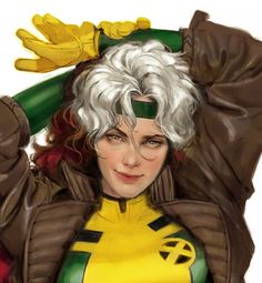 a drawing of a woman with white hair wearing a yellow and green outfit, holding her hands behind her head