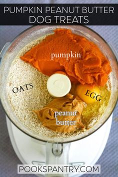 a food processor with ingredients for pumpkin peanut butter dog treats in it and the words, pumpkin peanut butter dog treats