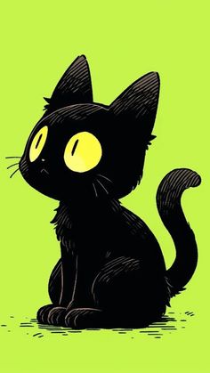 a black cat with yellow eyes sitting down