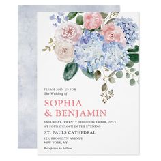 a wedding card with watercolor flowers and greenery on the front, in blue tones