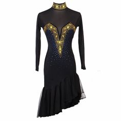 a black dress with gold sequins on the neck and bottom, in front of a white background