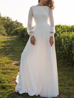 Simple Wedding Dress Lycra Spandex Bateau Neck Long Sleeves Lace A Line Bridal Gowns Long Beach Wedding Dresses, Long Sleeve Wedding Dress Boho, Lycra Dress, Wedding Dress A Line, Stylish Gown, A Line Bridal Gowns, Beach Bridal Gown, Open Back Wedding Dress, Chiffon Wedding Dress