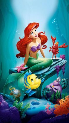 the little mermaid is sitting on top of a rock with other fish and sea creatures around her