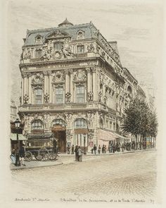 an old drawing of a building with people walking around it and on the sidewalk in front