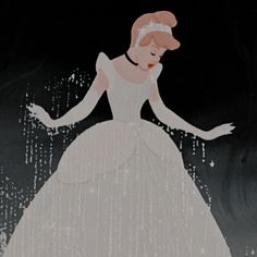 an animated image of a woman in a white dress with rain falling down on her head