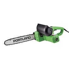 a green and black electric chainsaw on a white background with the word portland printed on it