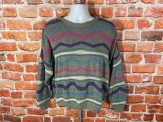 "vintage 90s women's funky textured/coogi striped sweater. This sweater has a wide collar for a slightly loose/shrug/chunky fit. Excellent lightly used condition no major issues to note MEASURES -  24\" pit to pit and 26\" long TAGGED - L My policy is NO RETURNS. If I made an error I will make it right 100% but I am not responsible if you change your mind/\"item does not fit\". PLEASE use the measurements provided if you don't know how ask me I will gladly help you :) - This is a TRUE VINTAGE item! Vintage clothing sizing varies wildly ALWAYS use the measurements and info provided in the listing to assure proper fit! The item is decades/years old and will have signs of wear/age/etc so please read the description! ** Why buy from VINTAGE ASSAULT? Because I have sold THOUSANDS of items to TH Funky Style, Womens Pullover Sweaters, Pastel Stripes, Star Sweater, Style Sweater, Pullover Sweater Women, Striped Sweater, Change Your Mind, Women Pullover