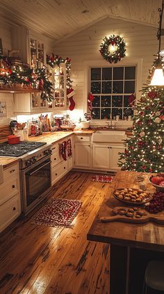 🎄 Step into a cozy Christmas wonderland! This warm, rustic kitchen is adorned with twinkling lights and classic red and green decorations. The festive tree sparkles, bringing the holiday spirit to life. Perfect for baking holiday treats or sipping hot cocoa by the fire. 🍪✨ #Christmas #holiday #cozy #kitchen #decor #rustic #red #green #lights #tree #warmth #festive #home #family #joy 🎅 Vintage Christmas Decorating, Kitchen Christmas Decorations, Christmas Decorating Ideas, Retro Ornaments, Christmas Kitchen Decor, Timeless Decor, Christmas Lovers