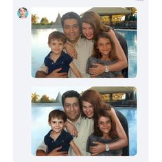 the family is posing for pictures in front of a pool with their two children and one adult