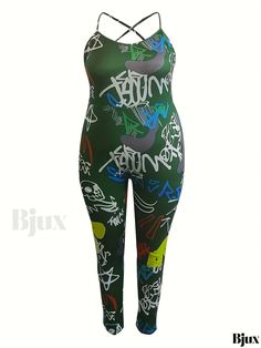 Bjux - Womens Plus Size Graffiti Print Round Neck Slim Fit Cami Jumpsuit - Casual and Fashionable Casual Green Printed Bodysuit, Stretch Multicolor Graphic Print Bodysuit, Cami Jumpsuit, Graffiti Prints, Casual Jumpsuit, Round Neck, Graffiti, Jumpsuit, Slim Fit