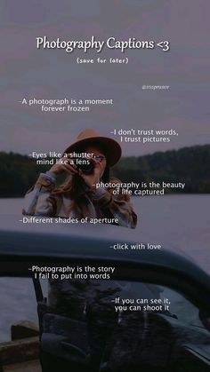 a woman leaning out the window of a car with her hand on her face and text describing photography captions - 3