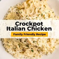 crockpot italian chicken family friendly recipe on a white plate with text overlay