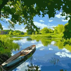 a painting of a boat in the water near some trees and grass with blue sky