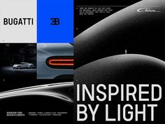 an advertisement for bugatt is shown in black and white with blue accenting the image