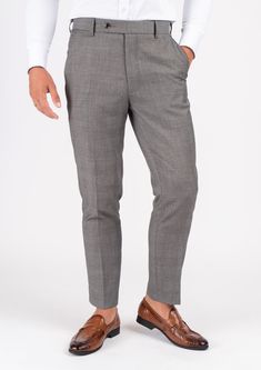 Spanish Grey Prince Of Wales Pants - SARTORO Tailored Gray Bottoms For Tailoring, Gray Slim Fit Dress Pants With Tapered Leg, Gray Slim Fit Tapered Leg Dress Pants, Elegant Gray Slim Fit Pants, Gray Fitted Ankle Pants, Fitted Gray Ankle-length Pants, Classic Fitted Gray Pants, Gray Fitted Formal Bottoms, Fitted Gray Formal Trousers