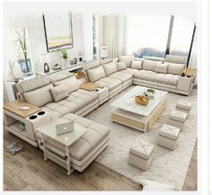 a modern living room with large sectional couches and coffee table in the center area