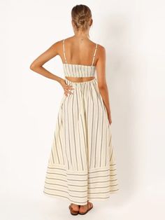 Effortlessly chic, the Lexi Striped Cutout Maxi Dress features spaghetti straps, a ruched back with a stylish cutout, and a flowy gathered skirt. Perfect for any summer occasion, these fun summery stripes add a touch of playfulness to this dress. Available in 2 trendy colors. Material composition: 90% Polyester, 10% Elastane/Spandex Size Chart(inch) Size US UK Length Bust Waist S 4 8 56 27-35 24-33 M 6 10 56 28-36 24-34 L 8 12 56 29-38 27-36 XL 10 14 57 30-40 28-38 Cami Maxi Dress, Long Beach Dress, Spaghetti Strap Maxi Dress, Sleeveless Long Dress, Suspender Dress, Striped Maxi, Long Summer Dresses, Striped Maxi Dresses, Pink Maxi Dress