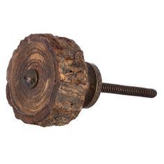 an old wooden screw is shown against a white background