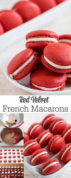 red velvet french macarons on a white plate and in the background, there is a collage of pictures