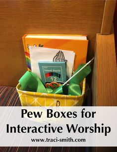 a yellow basket with books and scissors in it