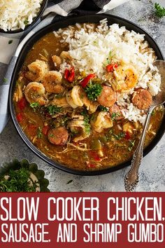 two bowls of slow cooker chicken sausage and shrimp gumbo with rice on the side