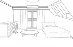 this is a line drawing of a bedroom with two beds and a desk in the corner