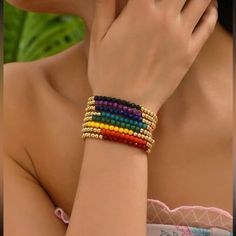 Multicolor Two Toned Beaded Bracelet Set Of 8 2.6” Diameter New Without Tags Large Cuff Bracelet, Rustic Cuff, Silver Link Bracelet, Large Bracelet, Gold Link Bracelet, Pandora Style, Gold Bracelet Cuff, Star Bracelet, Leather Cuffs Bracelet