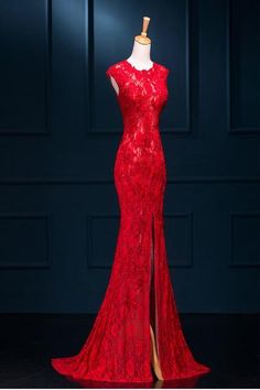 Elegant Lace Mermaid Dress With Sweep Train, Banquet Gown With Sweep Train And Mermaid Hem, Gown With Sweep Train And Mermaid Hem For Banquet, Mermaid Hem Gown With Sweep Train For Banquet, Elegant Lace Mermaid Dress For Gala, Fitted Red Mermaid Dress For Party Season, Floor-length Lace Mermaid Dress For Prom, Elegant Lace Gown With Mermaid Hem, Fitted Floor-length Mermaid Dress With Sweep Train