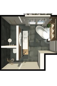 an overhead view of a bathroom with sink, toilet and bathtub